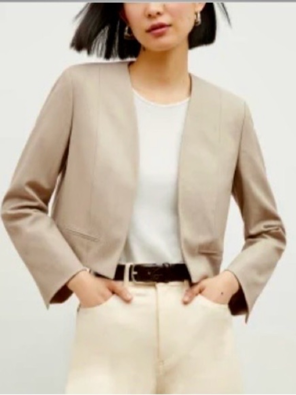 M.M.LaFleur Cropped Open Front Blazer Jacket 6 Wool Blend Beige Minimalist New